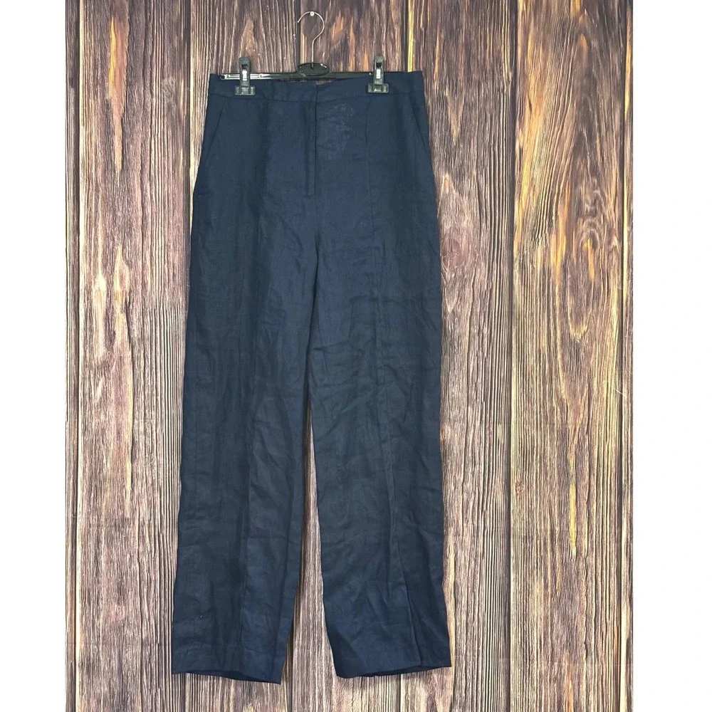 Zara Trousers Womens L Navy Blue 100% Linen High Waisted Wide Leg NWT